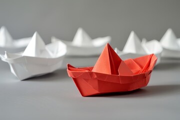A red paper boat leading the way among several white boats on a gray background, symbolizing command and vitality in the style of a business concept