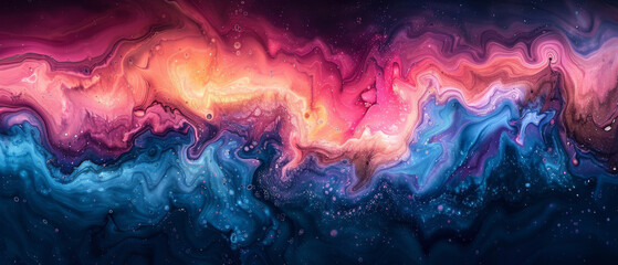 A captivating panoramic view of fluid art exhibiting cosmic and ethereal qualities, with a blend of pinks, blues, and purples