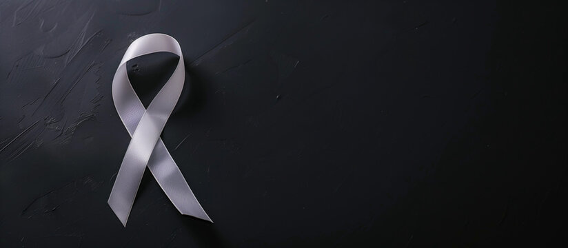Satin grey silver cancer ribbon empty background support brain tumors diabetes awareness asthma campaign, mental health parkinson's survivor research copy space header medicine event banner