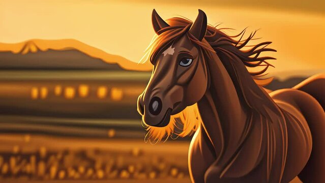 animation of graceful horse, with detailed features flowing mane, against breathtaking sunset 