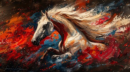 
Anime oil painting with abstract art of a horse. Includes paint spots, strokes, knife art on art walls. Mural style wall art