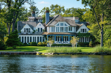 Fototapeta na wymiar Photo of large white colonial style house with blue accents, single roof on the shore in Long Island New York overlooking beautiful lake