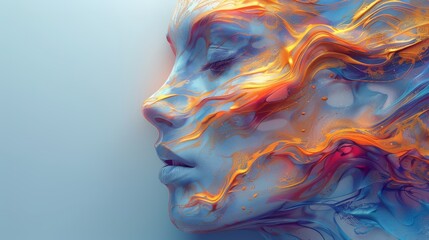  A digital art piece depicting a female face with orange, red and blue swirls surrounding it - obrazy, fototapety, plakaty