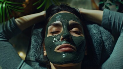 Woman Relaxing with a Green Clay Facial Mask