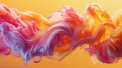  A rainbow-colored liquid flows on an orange and yellow backdrop, with a droplet of water on the left