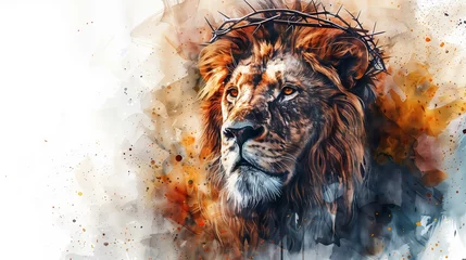 Deurstickers Artistic representation of a lion with a crown of thorns in a vibrant watercolor style, possibly evoking spiritual or religious themes related to sacrifice and nobility © fotogurmespb