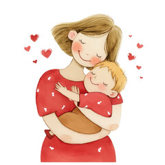 Watercolor Mothers day , mothers love , mother's day , Illustration of mother with her little child 