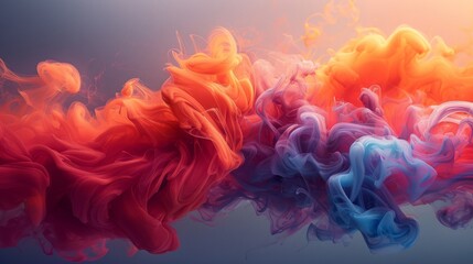  A rainbow of colored smoke swirls in a vibrant liquid mixture of blue, orange, and red, submerged in water - obrazy, fototapety, plakaty