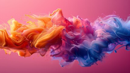 A colorful ink cloud floating above a pink background, with a droplet of liquid dripping off the left edge - obrazy, fototapety, plakaty