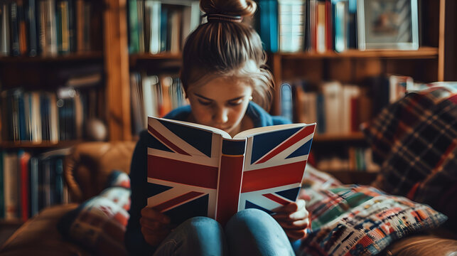 girl sitting and reading English book in study room, language learning concept