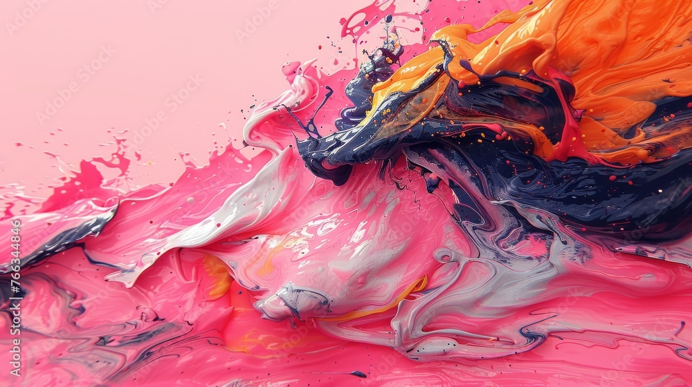 Poster a zoomed in image of a triangular object with shades of pink, black, and orange and splatters of pai