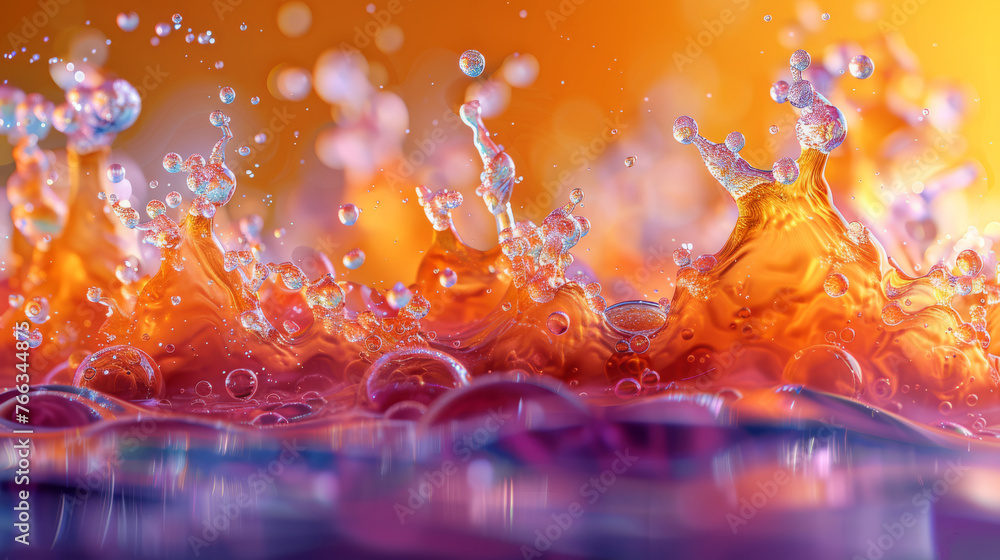 Poster a macro shot of a drop on a yellow-purple gradient with a splash of h2o below