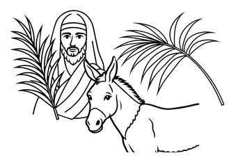 Palmsonntag Jesus mit Palmesel - Ausmalbild für Kinder zu Ostern - Grundschule