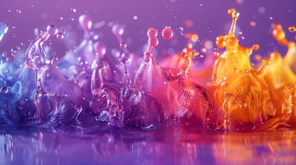  A cluster of rainbow-colored water drops glistening on a azure and lavender canvas against a backdrop of magenta and peach