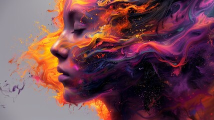  A portrait of a woman with a colorful painting on her face and hair flowing in the wind, in a close-up view - obrazy, fototapety, plakaty