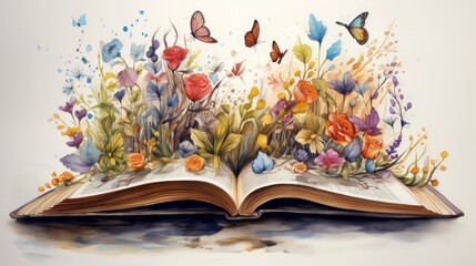 A captivating explosion of colorful abstract art emerging from the pages of an open book, symbolizing creativity and imagination.