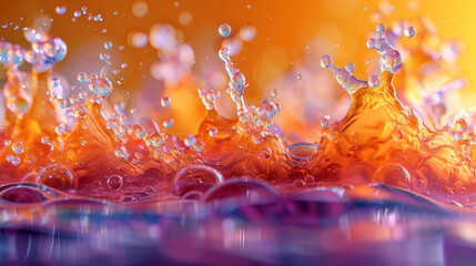  A macro shot of a drop on a yellow-purple gradient with a splash of H2O below