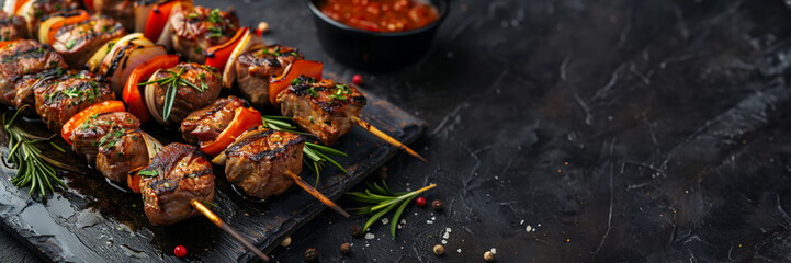 Grilled beef skewers with bell peppers and onions, garnished with rosemary, on a black slate board, ideal for barbecues and summer gatherings