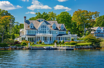 Photo of large white colonial style house with blue accents, single roof on the shore in Long...