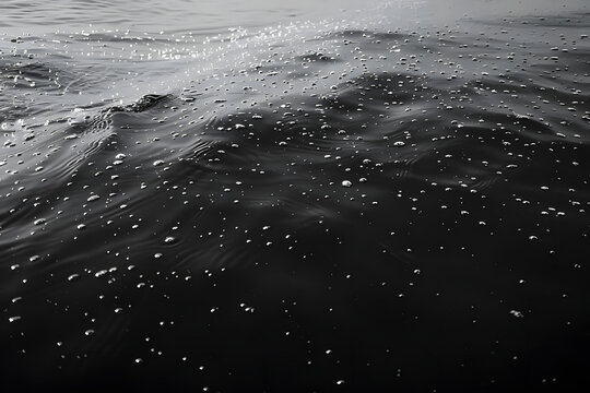 a black and white photo of the surface of a large body of water with small dots of water on it.