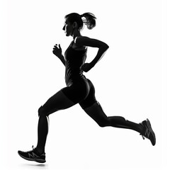 Fototapeta na wymiar Action silhouette of an athletic woman running on a white background, showcasing motion and healthy lifestyle.