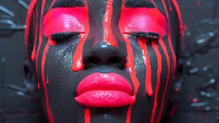  A close-up of a female face, adorned with red and black paint on her lips