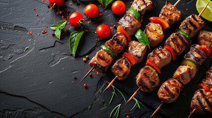 Grilled skewers with juicy chunks of meat, bell peppers, and zucchini, garnished with basil on a dark slate background, ideal for summer barbecues - obrazy, fototapety, plakaty