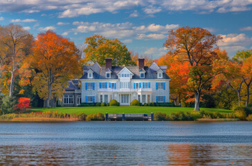 Photo of large white colonial style house with blue accents, single roof on the shore in Long Island New York overlooking beautiful lake