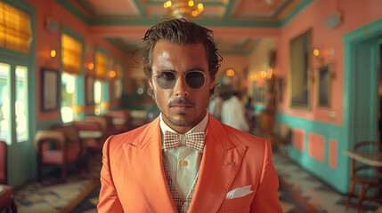 A trendy man with sunglasses and a fashionable orange suit poses in a vibrant, elegant interior setting