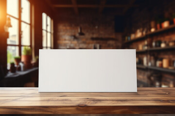 Empty white stand, sign for menu and advertising on a wooden table against the background of a bar, kitchen, cafe, store.Mock up - obrazy, fototapety, plakaty