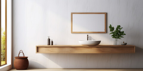 A long wooden shelf with a sink, mirror, washbasin, indoor flowers, soap against the background of an empty white wall by the window in a modern bathroom. Modern minimalist design