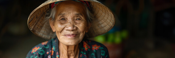 Portrait of a smiling elderly Southeast Asian woman wearing a traditional conical hat, epitomizing cultural heritage and wisdom