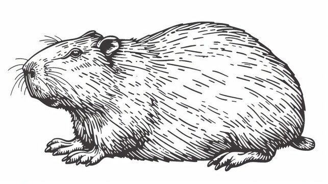  Black-and-white illustration depicts a capybara seated on hind legs, gazing downward