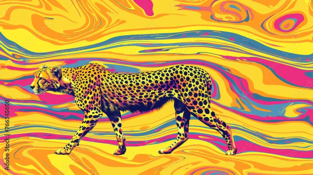 Poster a colorful image of a cheetah on a dynamic background, featuring swirling elements