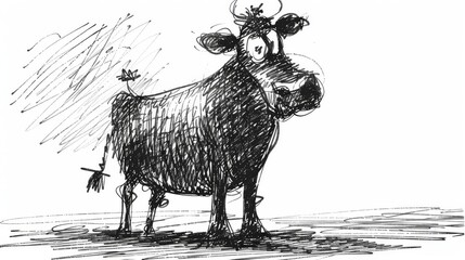  A cow with bells on its head and neck in black and white drawing