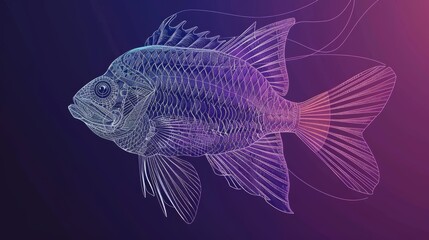  A fish in blue and purple with a line drawing beside it