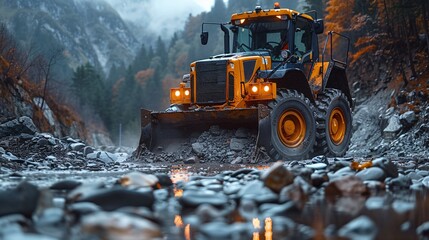 Bulldozer in action, moving rocks to form a pile at a construction site for new development...