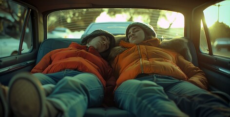 Road trip, two young people sleeping in a car