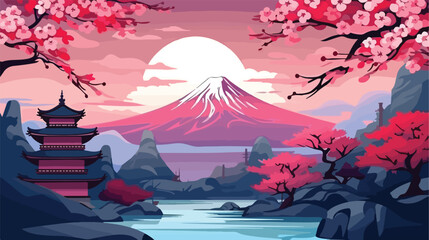 Japan landscape nice background poster flat vector - obrazy, fototapety, plakaty