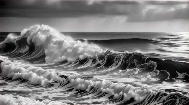 Majestic Waves in Monochrome - capturing raw power and elegance of ocean waves under dramatic sky