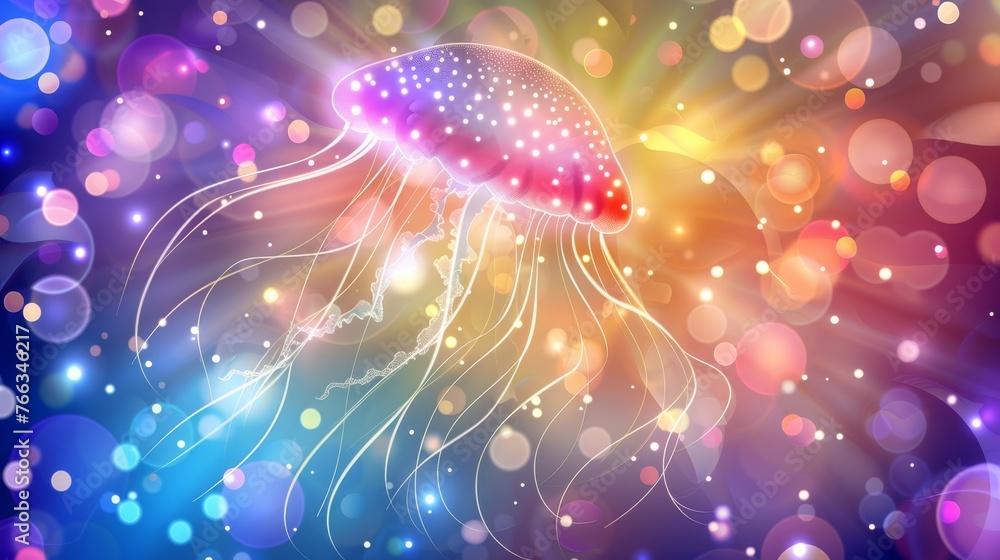 Poster a jellyfish in sharp focus against a solid background with softly blurred highlights in the backdrop