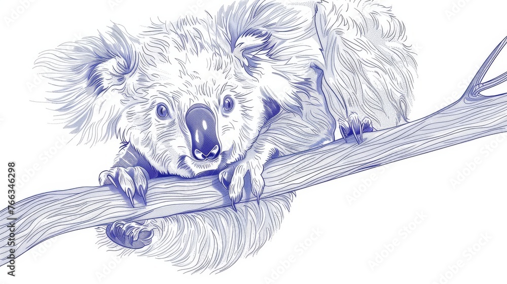 Poster draw a koala on a tree branch with branches in the foreground and background
