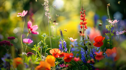 Flowers and bees in the garden