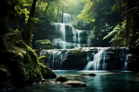 Tranquil waterfalls streaming down vibrant slopes, their gentle murmur harmonizing with the melody of nature