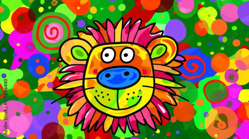 Poster a multicolored background with a colorful image of a lion's head surrounded by circles