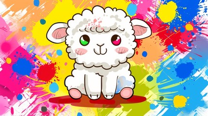  A white sheep with green eyes is sitting on a vibrant, paint-splattered backdrop featuring multicolored spots of paint