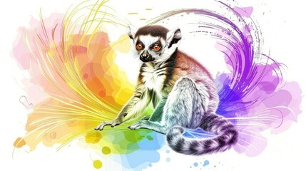  Close-up photo of a lemur perched amidst vibrant splatters of paint on a multicolored backdrop, with a splash of paint in the foreground