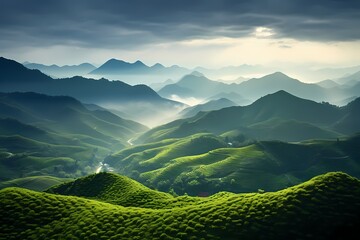 A wide-angle vista capturing the serene beauty of endless green hills merging with a magnificent mountainous landscape. - obrazy, fototapety, plakaty