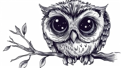  A black-and-white illustration portrays an owl perched on a leafy branch with prominent eyes