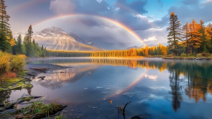 A vibrant rainbow over a calm lake, creating a magical and serene atmosphere in the early morning light.